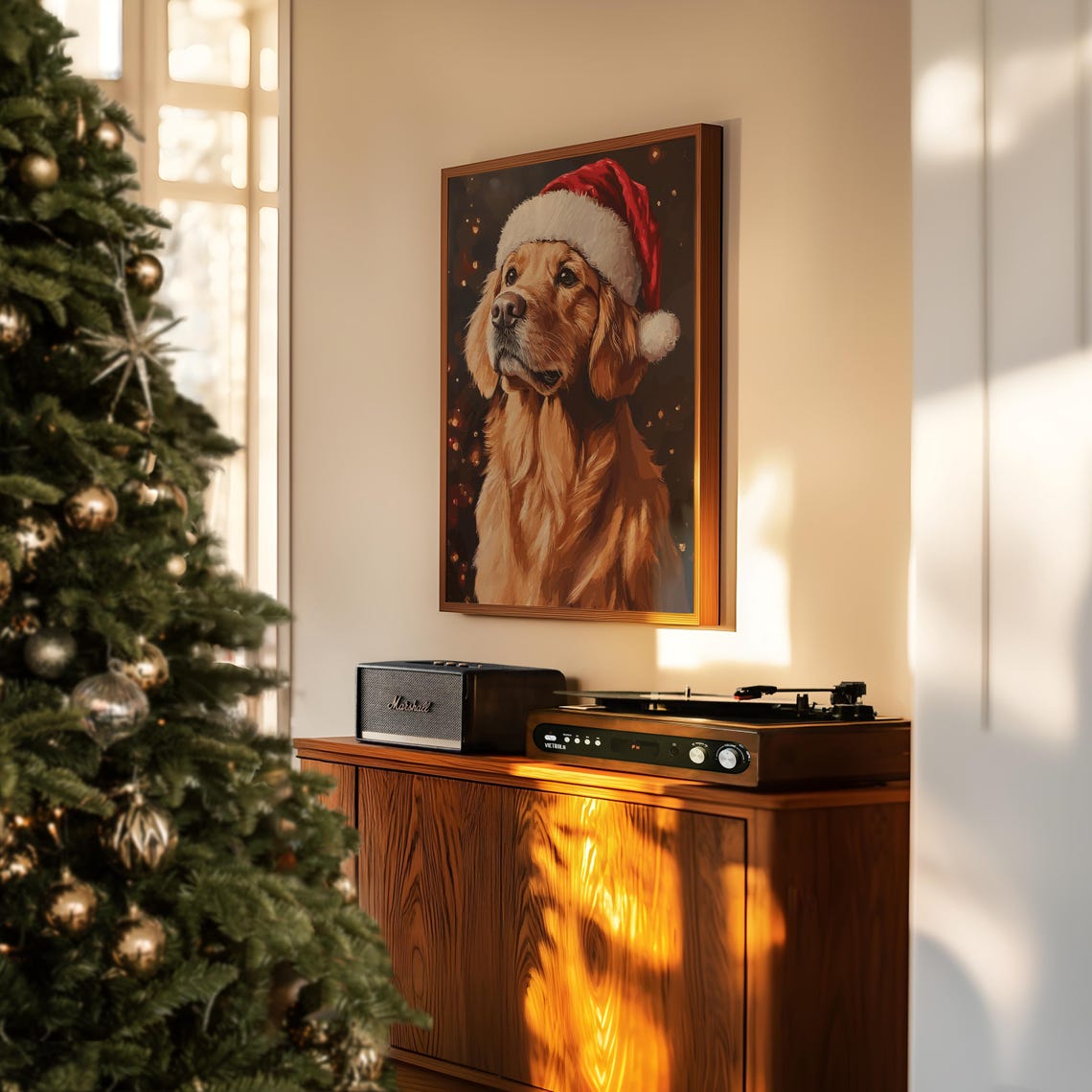 Christmas Golden Retriever Painting Retro Christmas Print Vintage Holiday Art Vintage Dog Print Christmas Gift Dog Art Xmas Drawing - Image 3