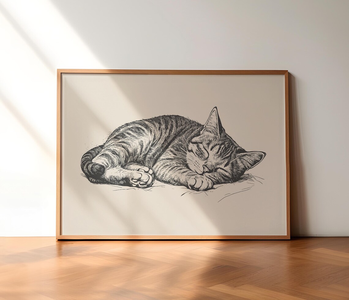 Sleeping Tabby Cat Curled Up Tight Detailed Ink Drawing Poster - Image 2