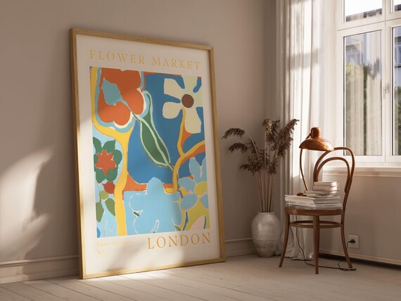 London Flower Market Blue Orange Abstract Papiers Botanical Poster