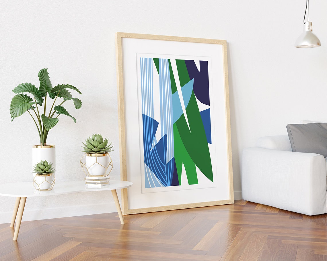 Bold Blue And Green Abstract Leaves Collage Contemporary Art Poster - Image 3