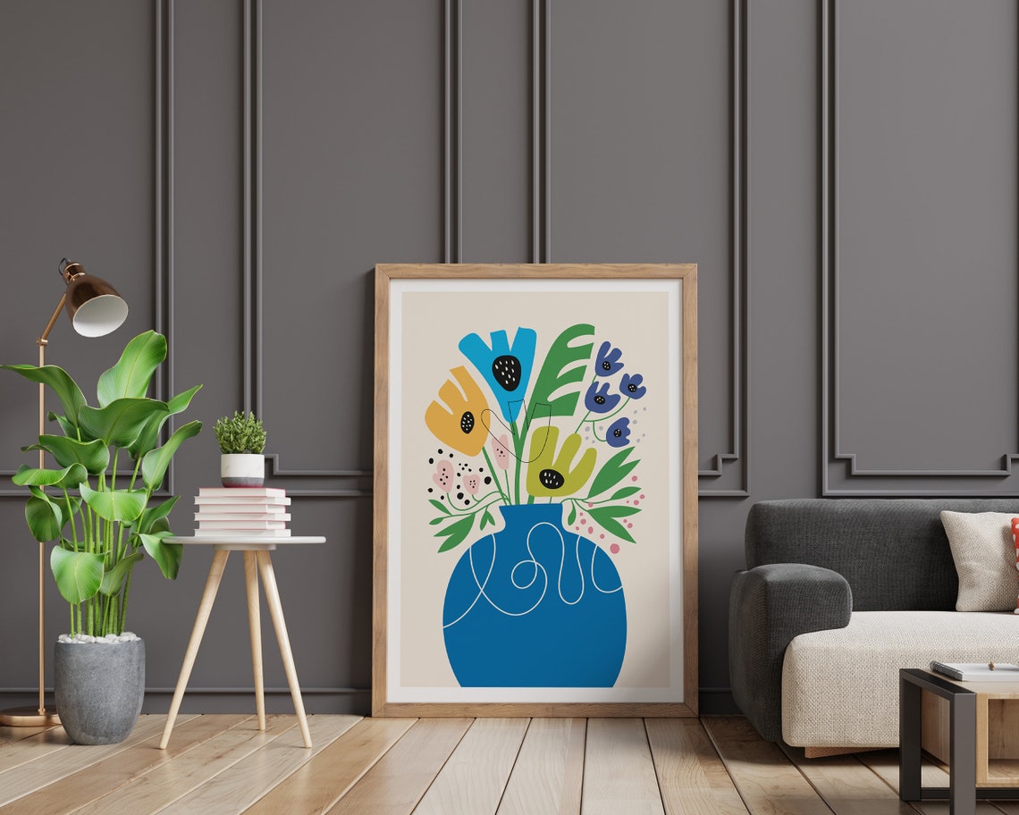 Colorful Stylized Flowers in Blue Vase Modern Botanical Poster - Image 2