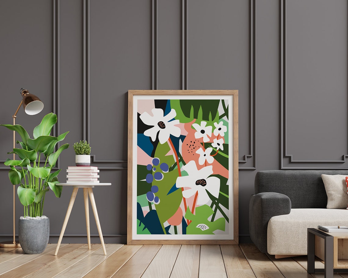 White Flowers Green Foliage and Blue Berries Graphic Art Poster - Image 2