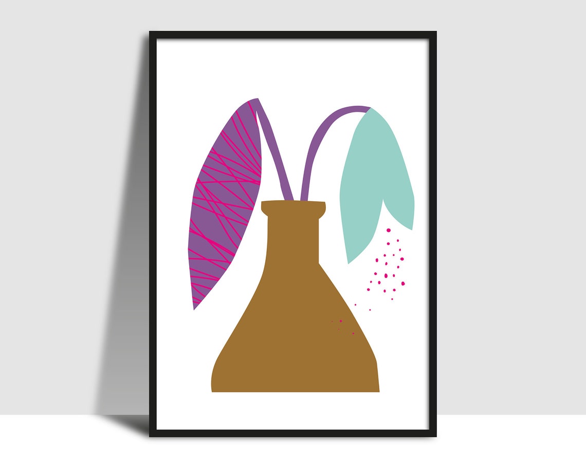 Minimalist Tan Vase with Drooping Purple and Teal Leaves Poster