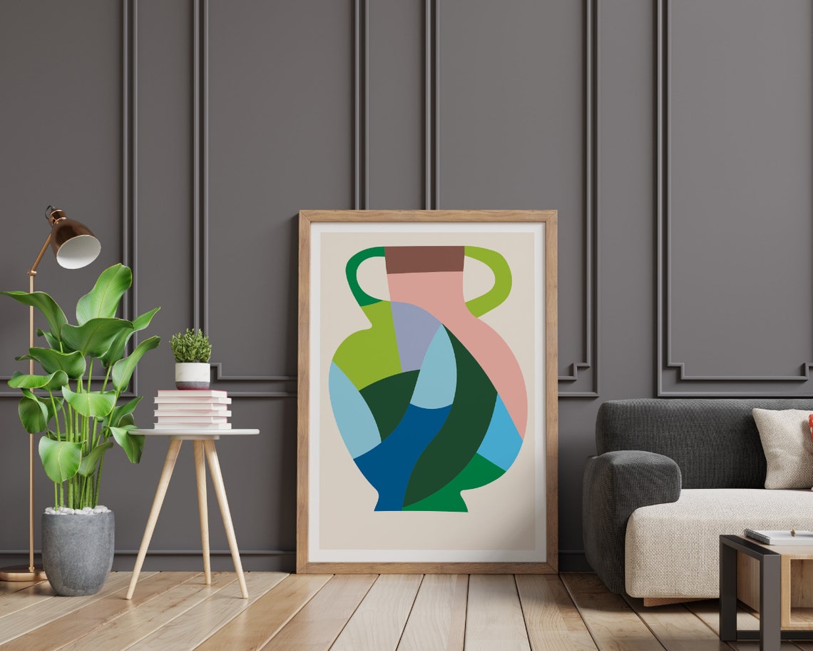 Abstract Patchwork Vase in Pink Green and Blue Geometric Poster - Image 2