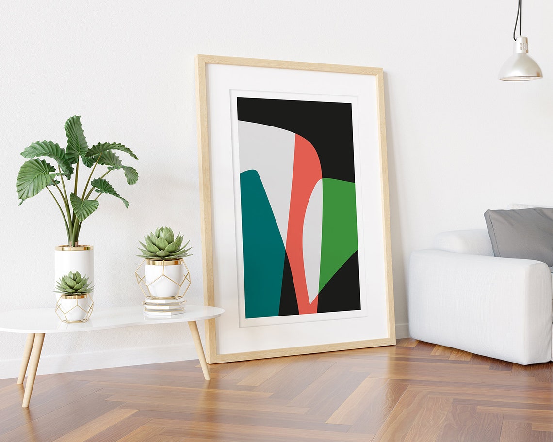 Flowing Coral Teal and Green Abstract Shapes Modern Art Poster - Image 3