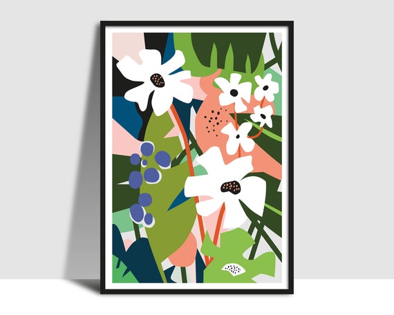 Wild Flowers Abstract Art Instant Printable White Green Flower Print Graphic Design Botanical Print Bold Shapes Lines
