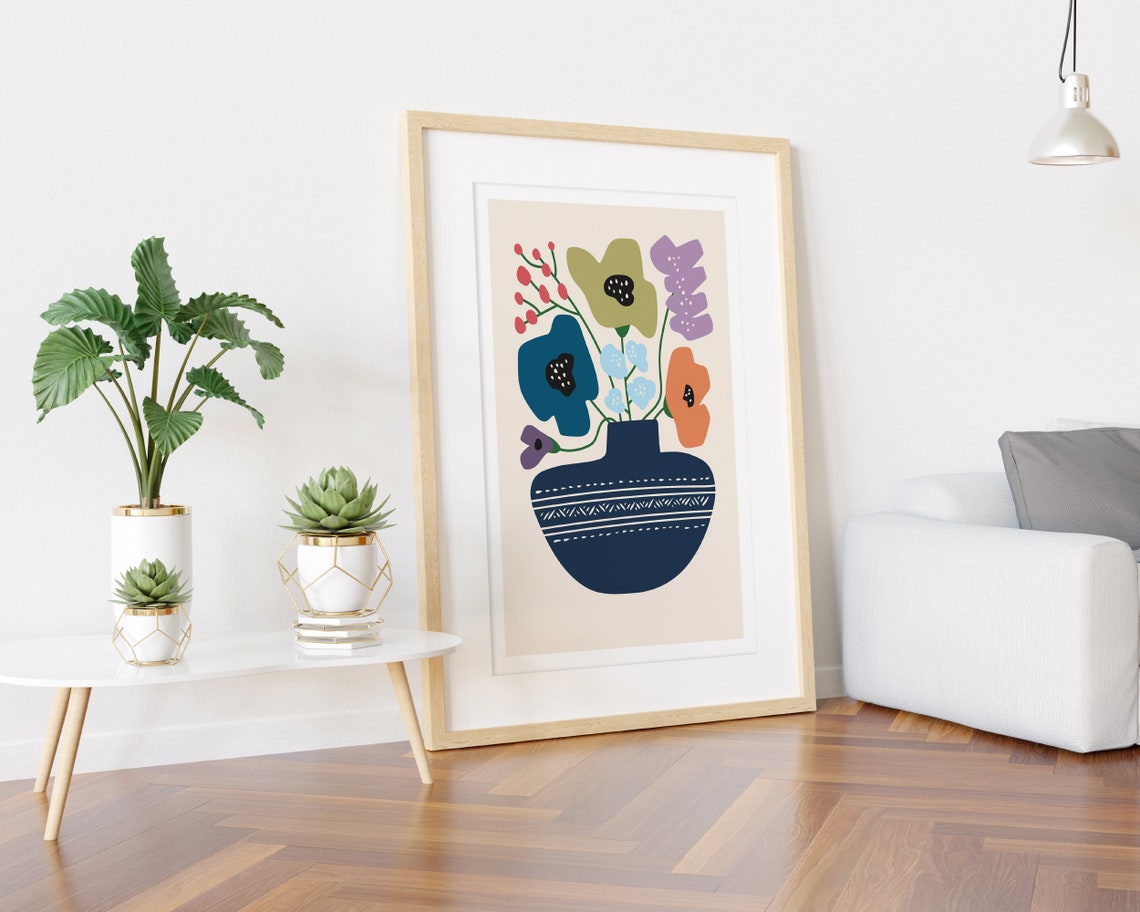 Patterned Navy Vase With Bold Colourful Blooms Still Life Art Poster - Image 3