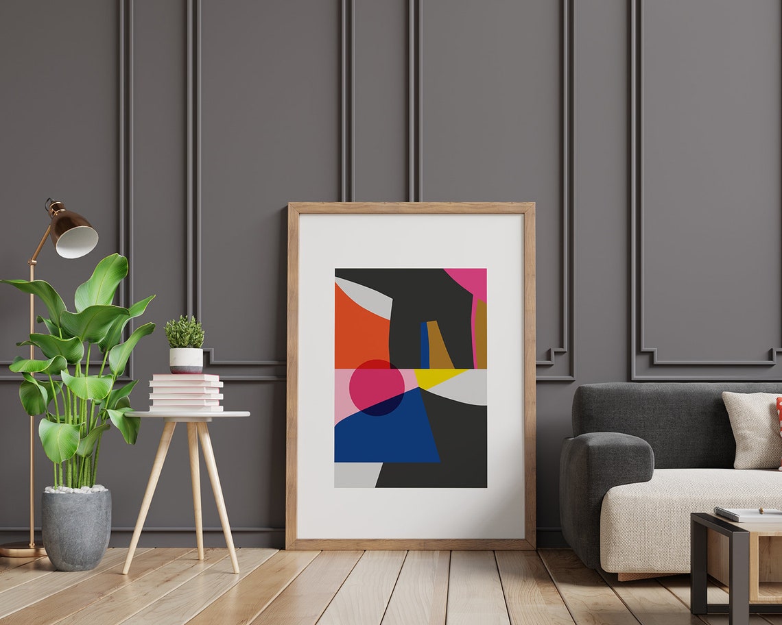 Vibrant Orange Pink Black Geometric Shapes Modern Art Poster - Image 2