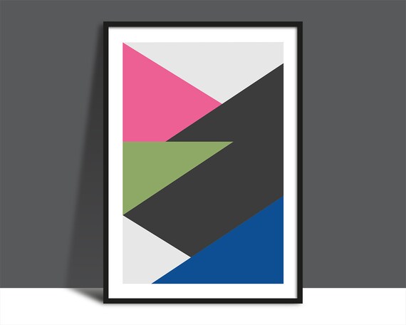 Original Printable Abstract Geometric Pink Blue Green Wall Art Instant Bright Modern Illustration Poster Bold Architectural Shapes