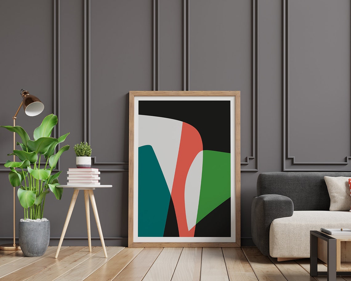 Flowing Coral Teal and Green Abstract Shapes Modern Art Poster - Image 2