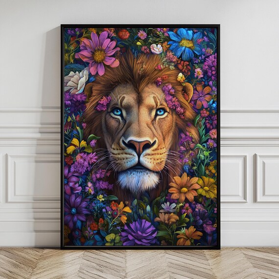 Majestic Lion Surrounded By Colorful Flowers Vibrant Wildlife Portrait Poster
