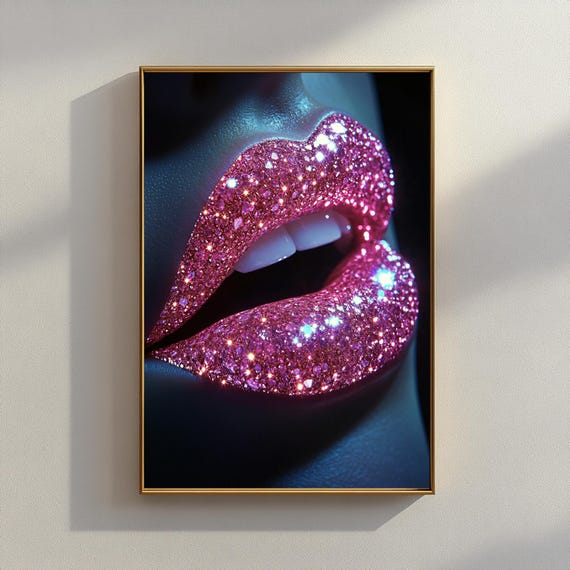 Close Up Of Pink Glitter Lips With Diamonds Glamorous Beauty And Fashion Photography Glow More Makeup Room Decor Beauty Salon Art
