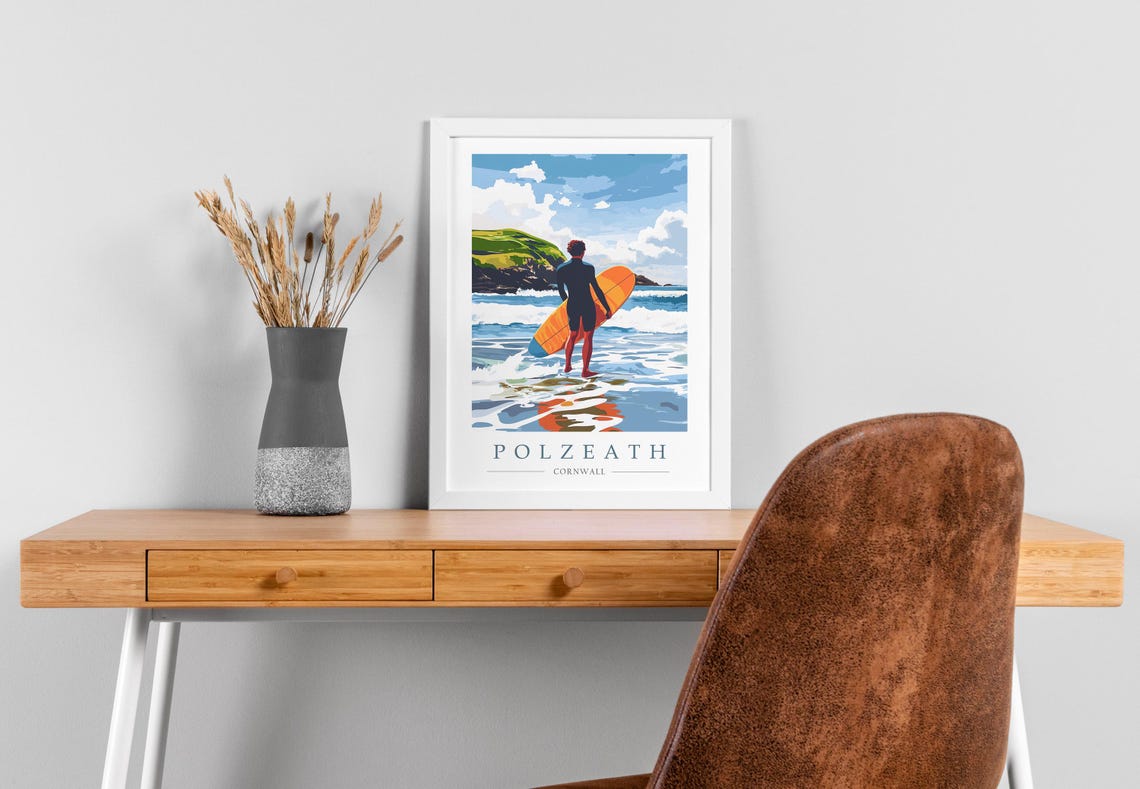 Polzeath Cornwall Surfer Carrying an Orange Board into the Sea Poster - Image 2