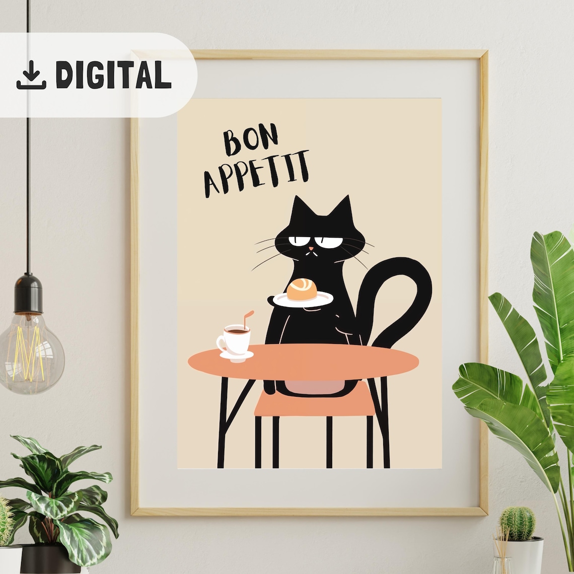 Bon Appetit Black Cat Cafe Croissant French Kitchen Poster Gift - Image 2