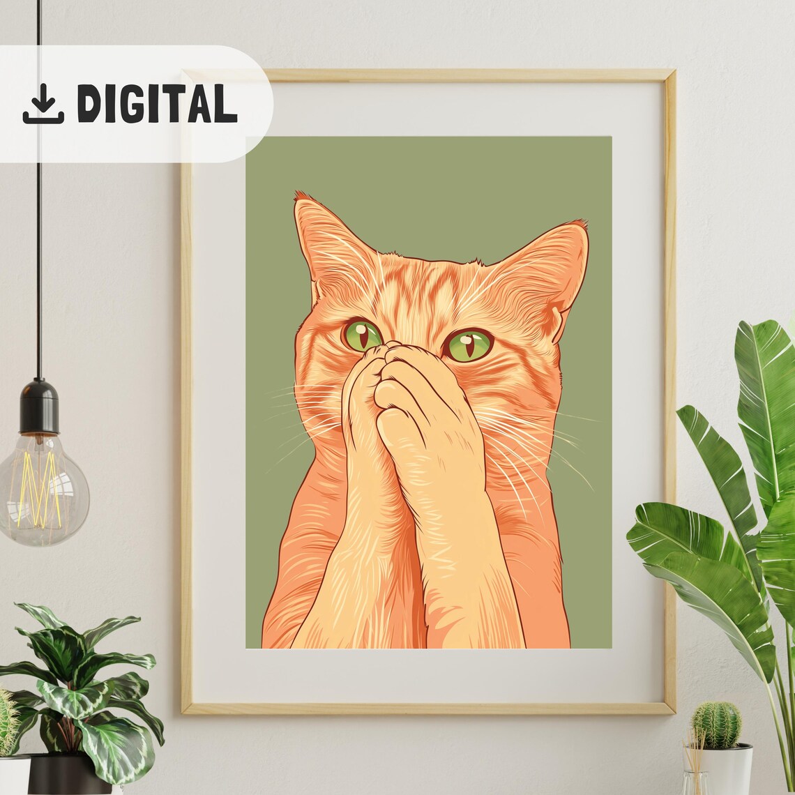 Orange Cat with Paws Over Mouth Speak No Evil Style Art Poster