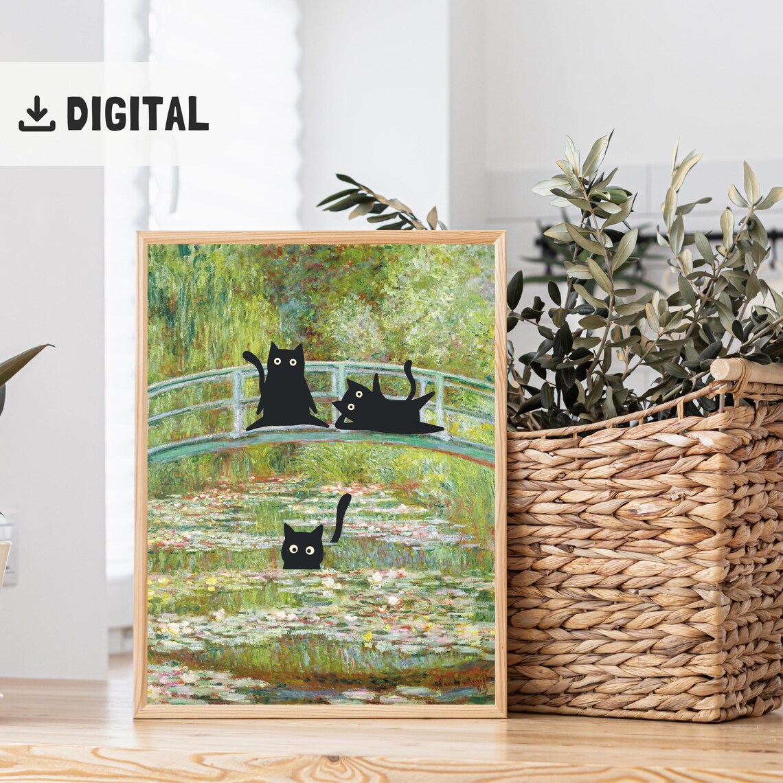 Black Cats on Claude Monet Japanese Bridge with Water Lilies Poster - Image 2