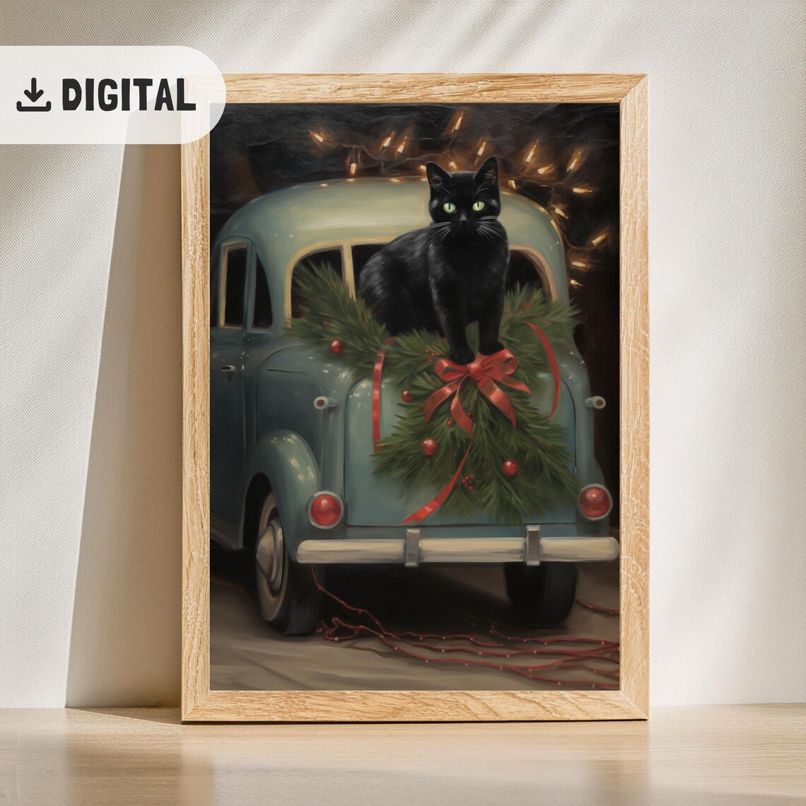 Black Cat Vintage Blue Car Christmas Wreath Classic Poster Gift