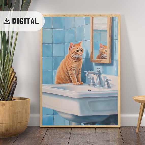 Orange Tabby Cat On Sink With Mirror Reflection Blue Tile Poster
