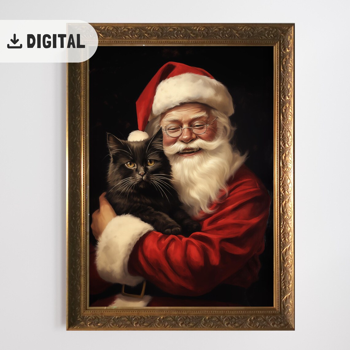 Santa Claus With Black Cat Dark Background Vintage Oil Poster - Image 2