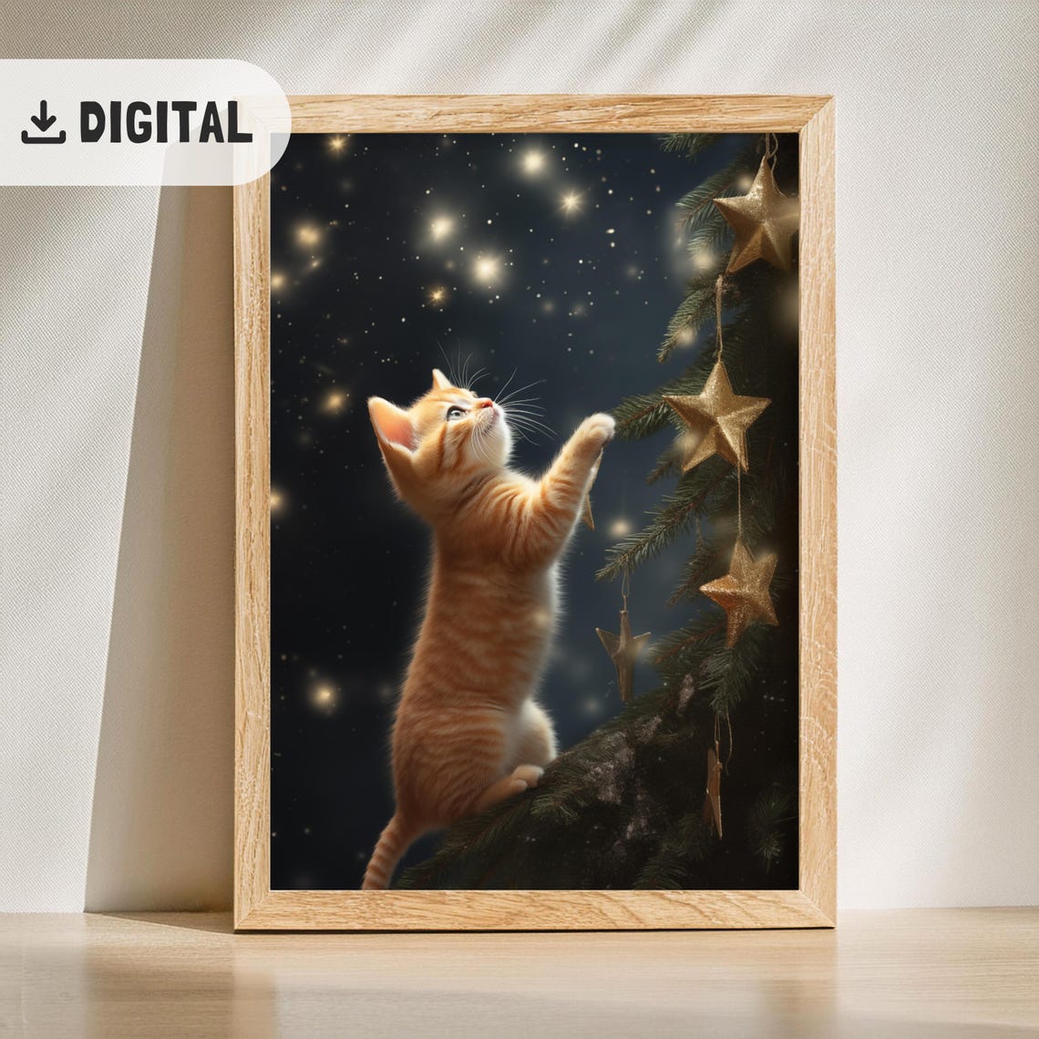 Orange Kitten Reaching For Gold Star Christmas Tree Night Poster