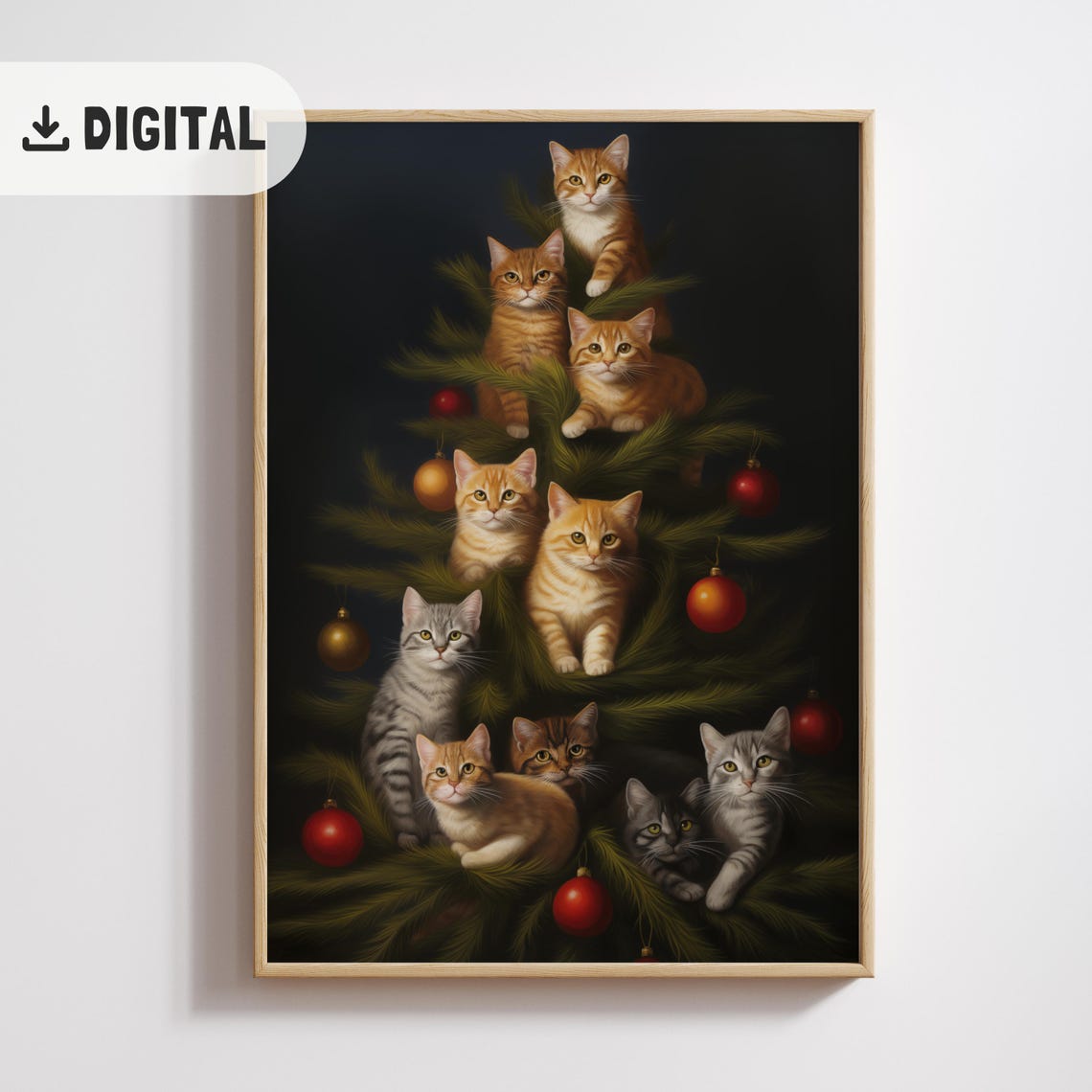 Kittens Sitting In Christmas Tree Classic Oil Painting Poster - Image 2