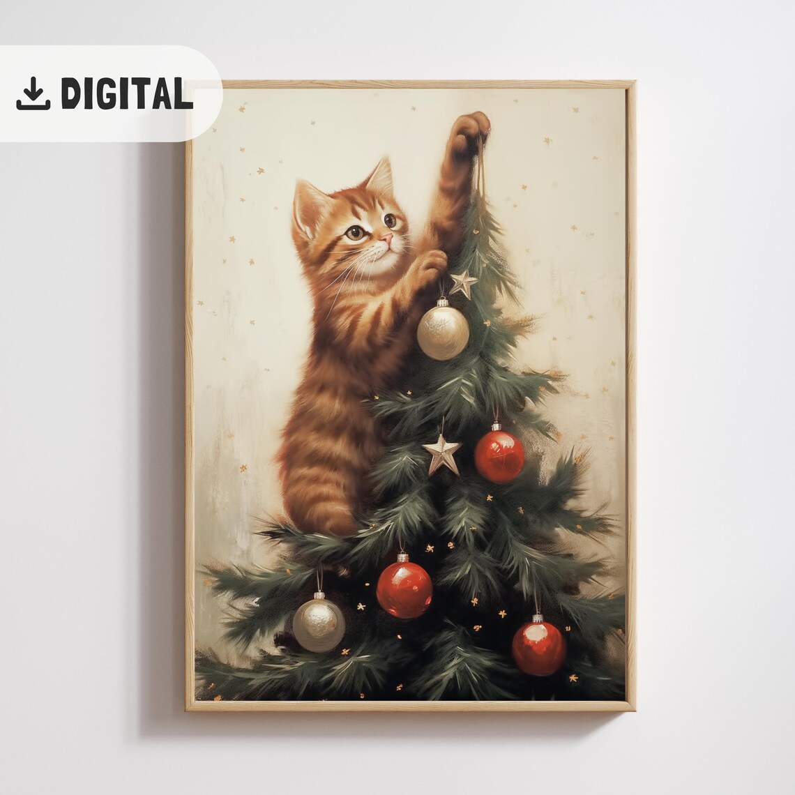Funny Orange Tabby Kitten Climbing Decorated Christmas Tree Poster - Image 2