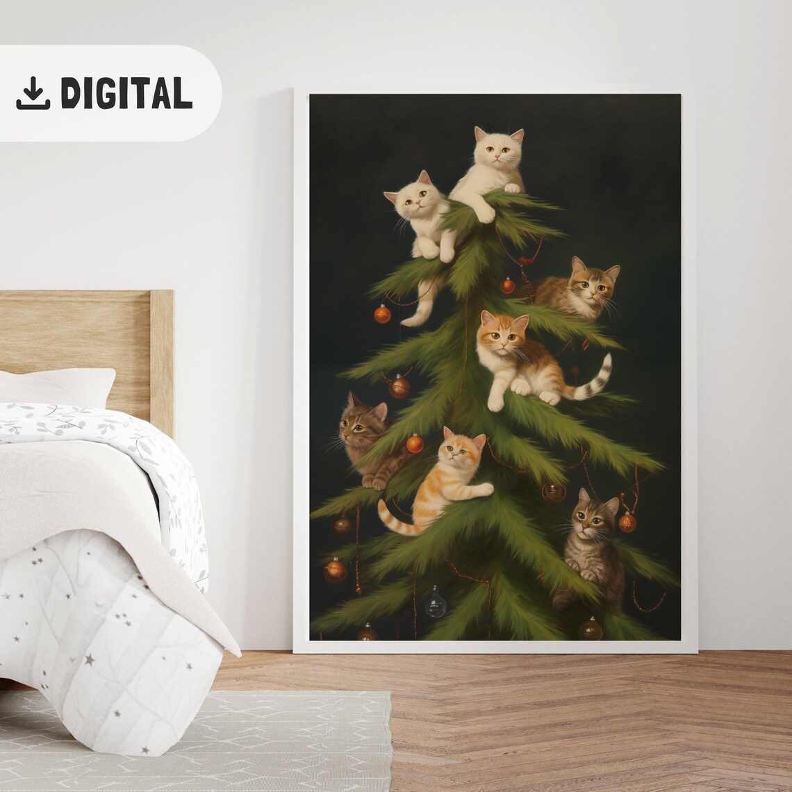 Seven Kittens Climbing Christmas Tree Classic Painting Poster - Image 2