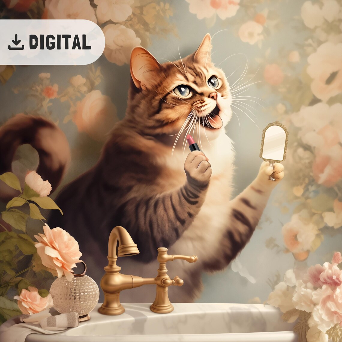 Cat Putting On Lipstick Vintage Bathroom Floral Glamorous Kitty Wall Art - Image 2