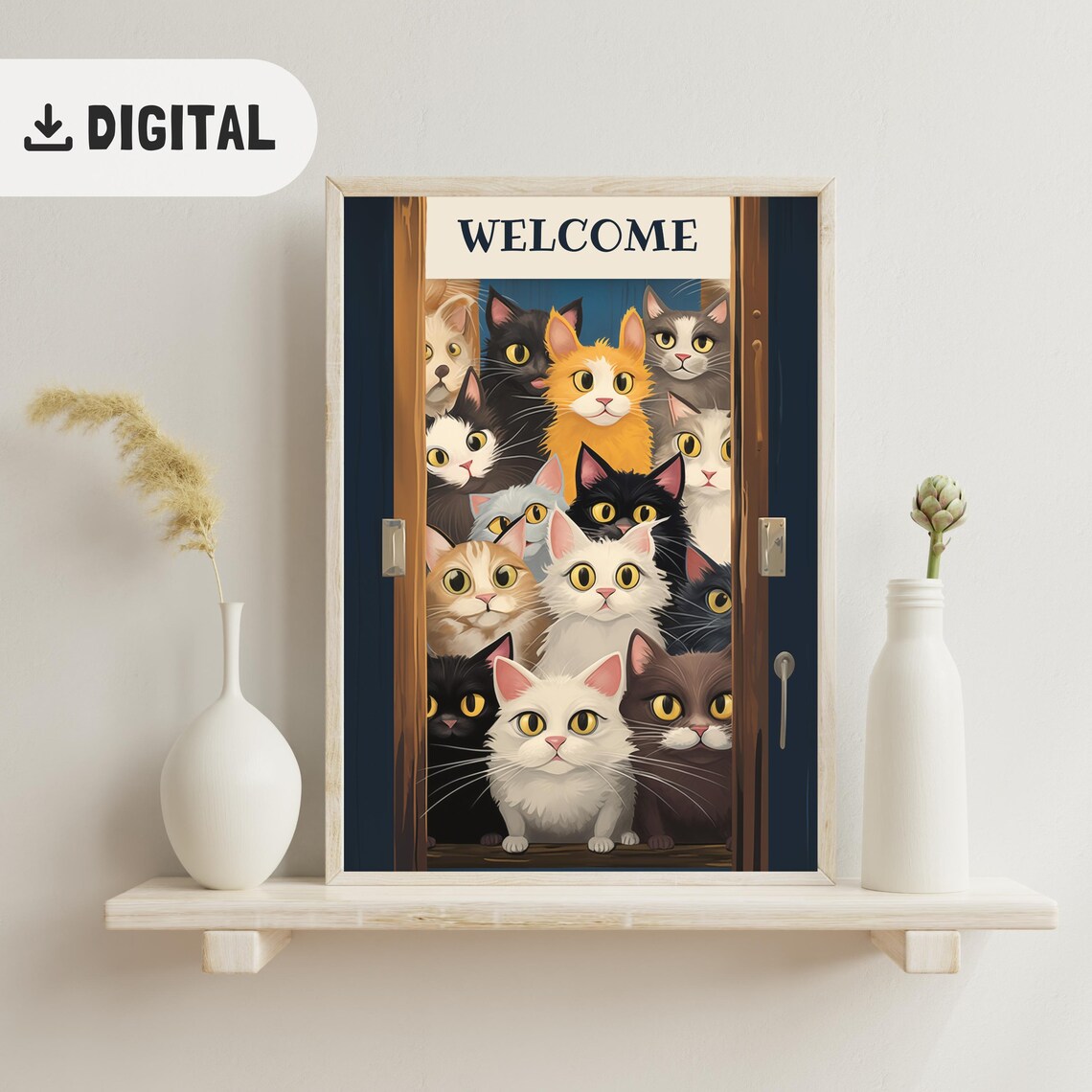 Welcome Greeting Sign with Crowd of Colorful Funny Cats Poster - Image 2