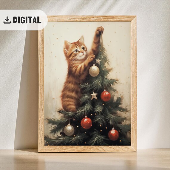 Red Cat Climbing Christmas Tree Art Print Vintage Christmas Cat Poster Cute Cat Festive Cottagecore Decor For Cat Lover Retro Xmas Painting