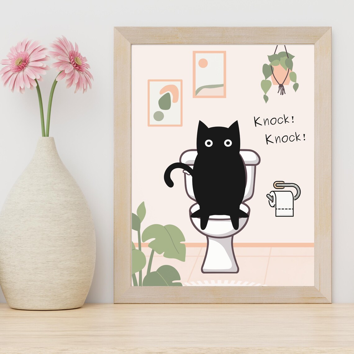 Knock Knock Funny Black Cat Sitting on Toilet Bathroom Humor Poster