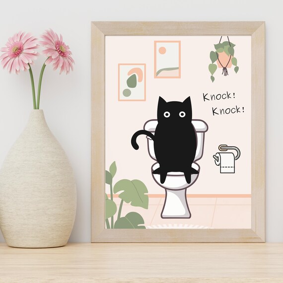 Knock Knock Funny Black Cat Sitting on Toilet Bathroom Humor Poster