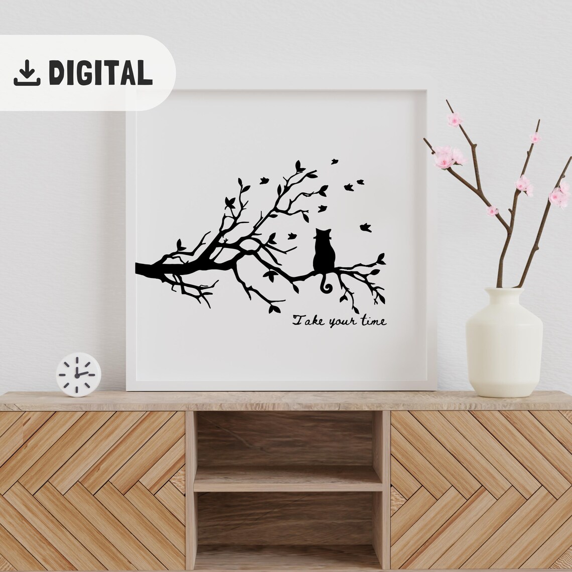 Take Your Time Quote Black Cat on Branch with Birds Art Poster - Image 2
