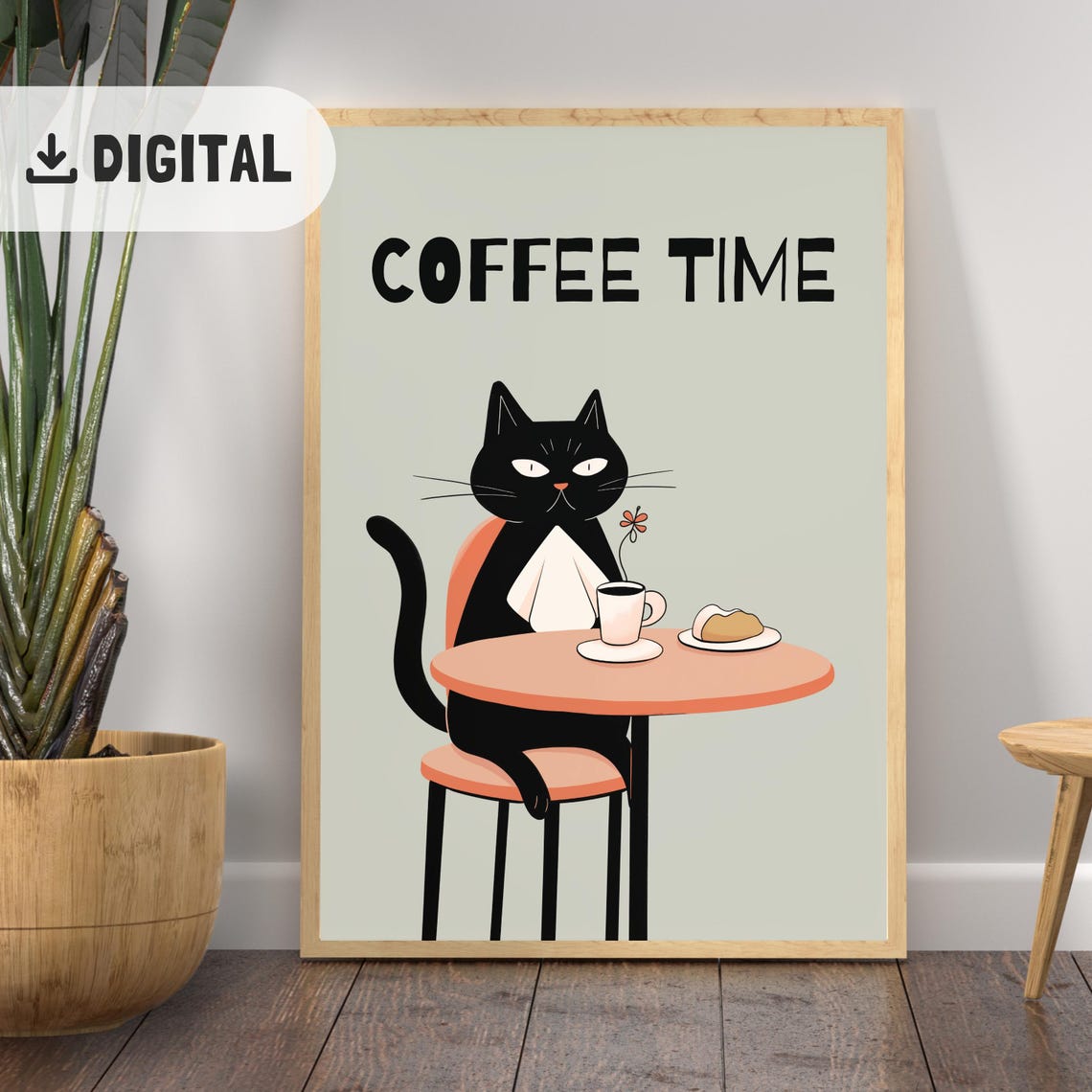 Coffee Time Black Cat Cafe Table Croissant Poster Gift Decor - Image 2