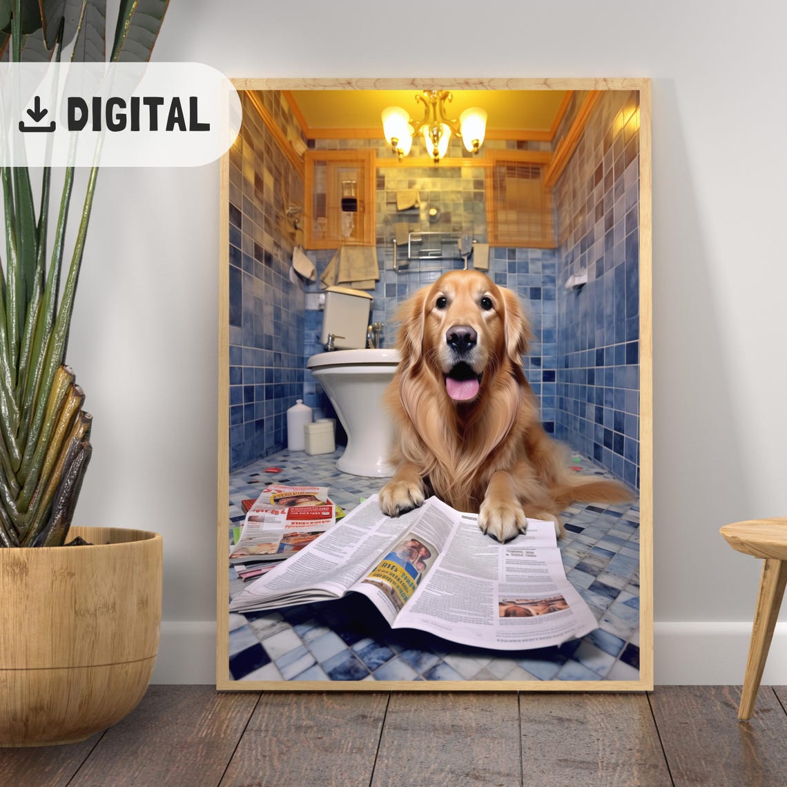 Golden Retriever Toilet Wall Art Funny Dog Mom Bathroom Decor Quirky Golden Reading Newspaper Print Trendy Dogful Toilet Humor Poster Wc