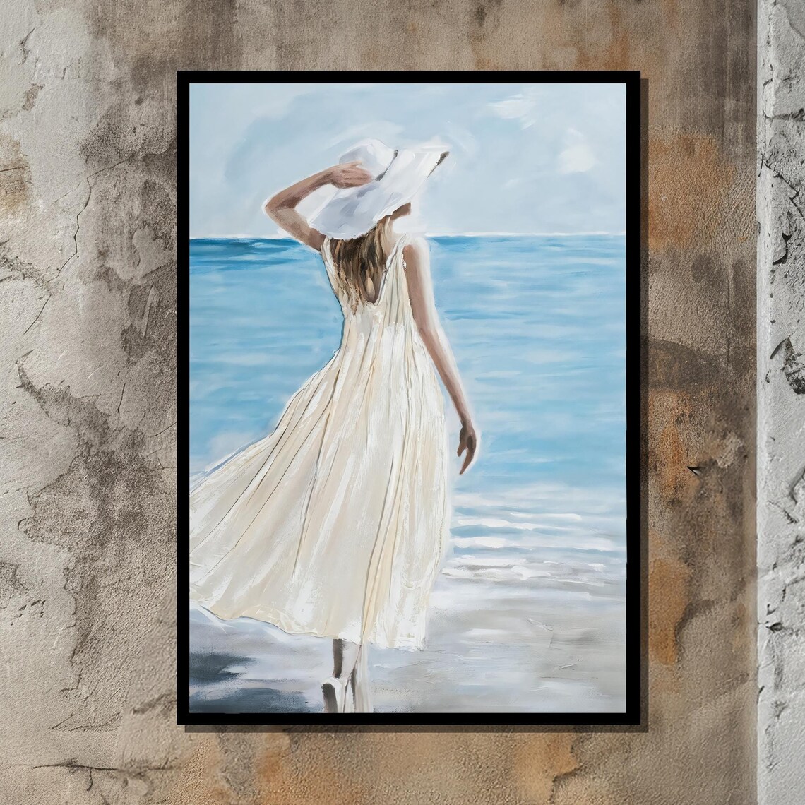 Woman in White Dress by the Sea Serene Beach Painting Poster
