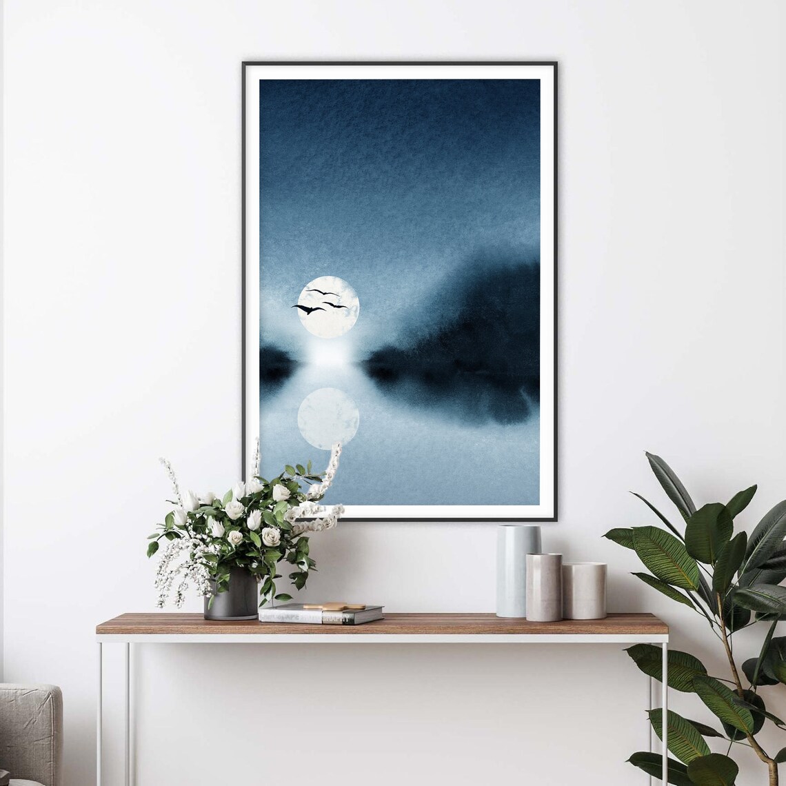 Full Moon Reflection Over Water With Flying Birds Blue Watercolor Poster - Image 2