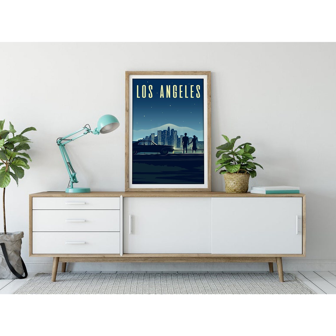 Los Angeles Night Skyline Couple Classic Car Vintage Travel Poster - Image 3