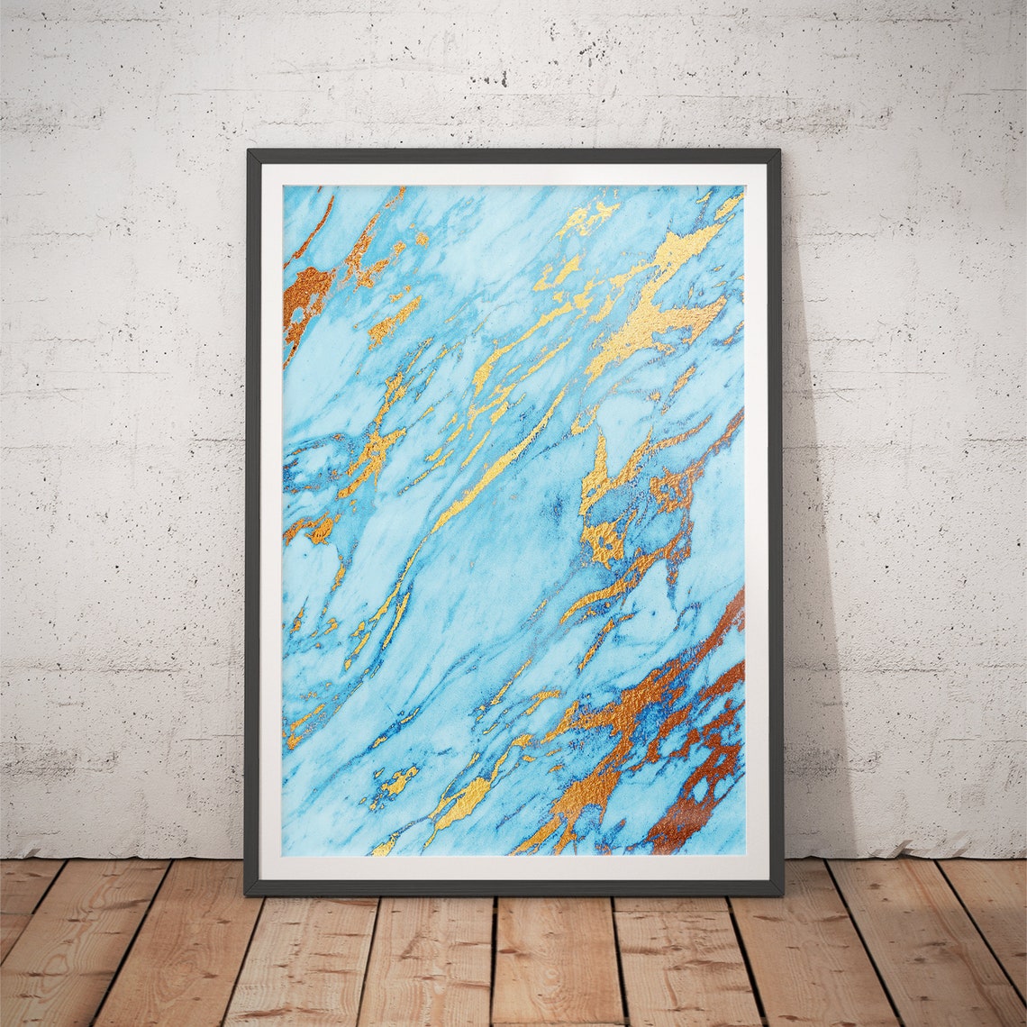 Sky Blue Marble Bold Gold Diagonal Veins Modern Abstract Poster