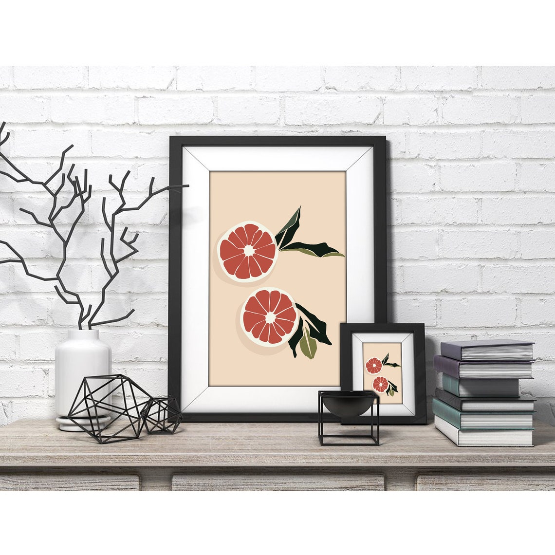 Sliced Grapefruit Pair with Leaves on Cream Kitchen Art Poster - Image 4
