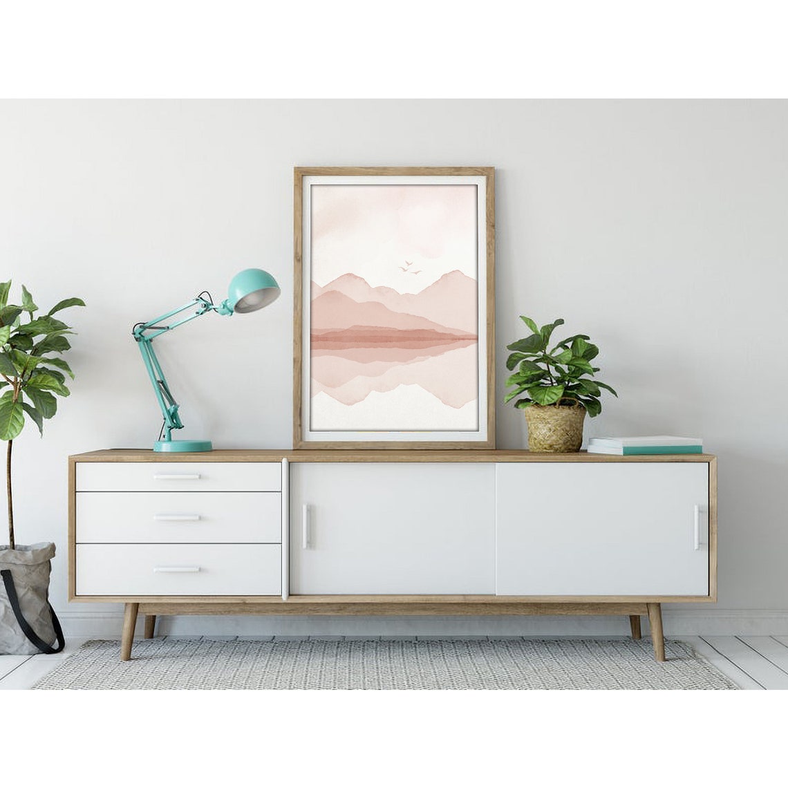 Blush Mountain Reflection Three Flying Birds Watercolor Poster - Image 3