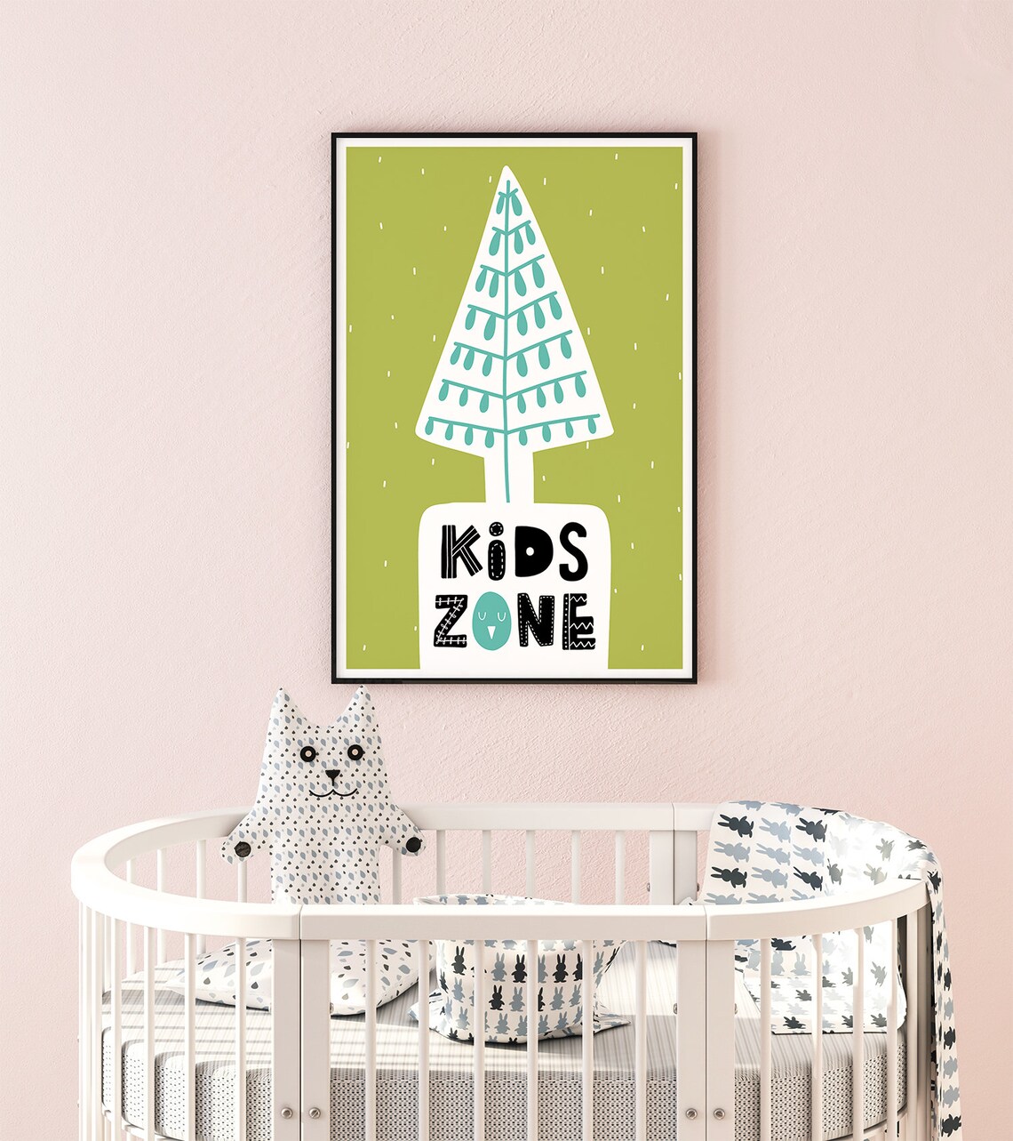 Kids Zone Stylized White Tree Nursery Poster Green Scandi Baby Room Art - Image 2