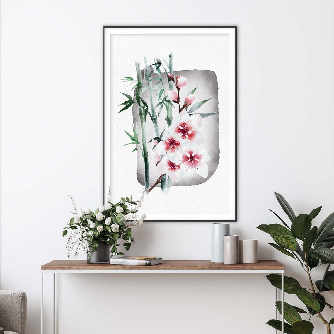 Bamboo Stalks and Pink Cherry Blossoms Japanese Watercolor Poster - Image 2