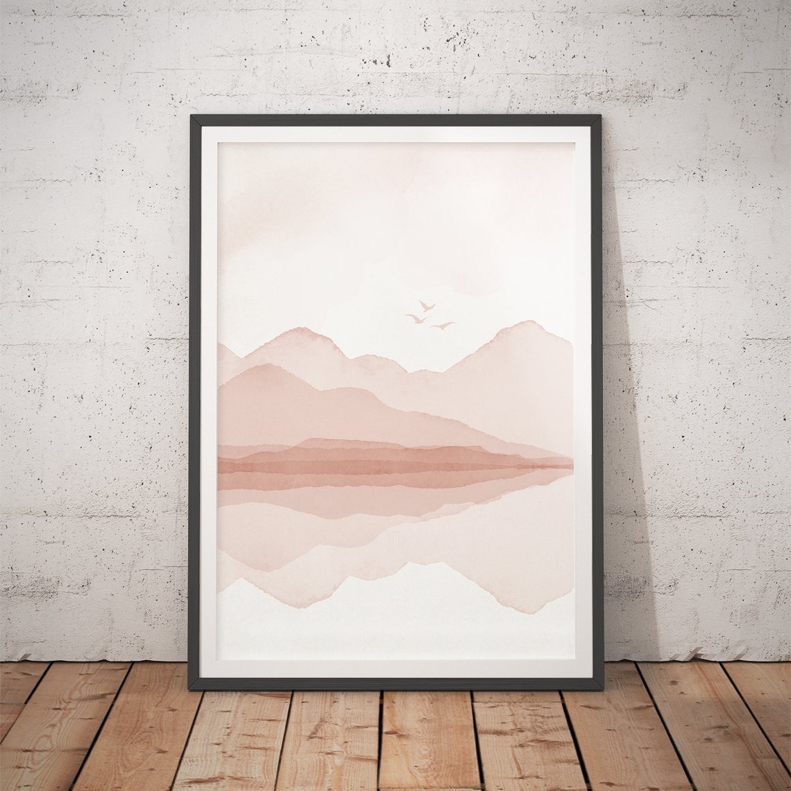 Blush Mountain Reflection Three Flying Birds Watercolor Poster