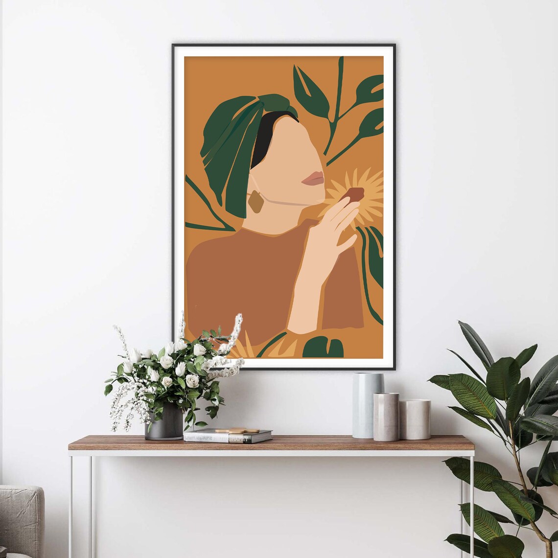 Woman with Green Leaves Sunflower Mustard Poster for Modern Home Decor - Image 2