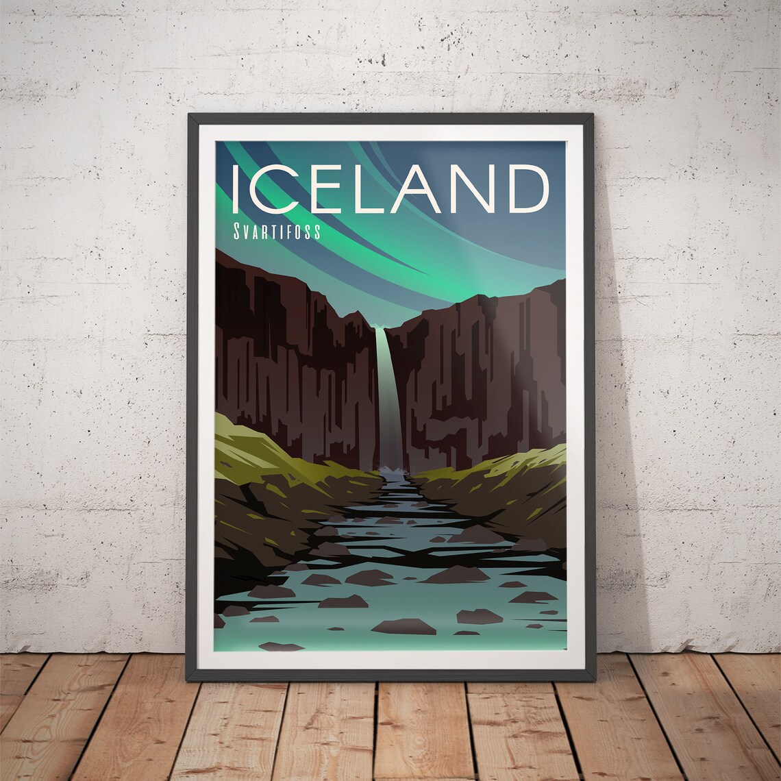 Iceland Svartifoss Waterfall Aurora Northern Lights Travel Poster