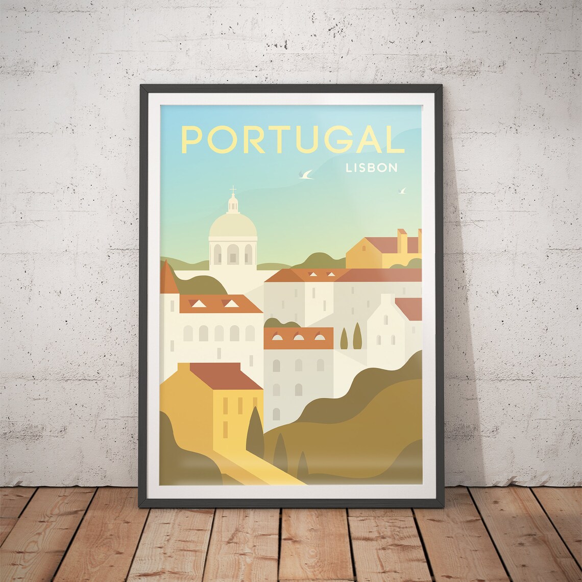 Lisbon Portugal Hillside Old Town Mid Century Retro Travel Poster