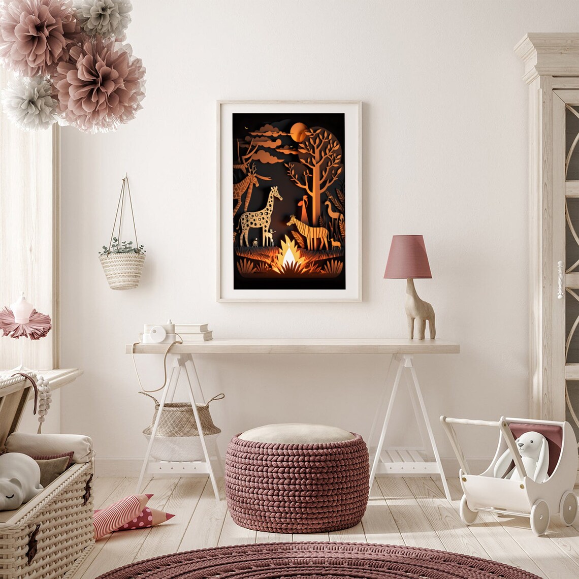 Giraffe Safari Golden Sunset Glowing Paper Cut Nursery Poster - Image 4