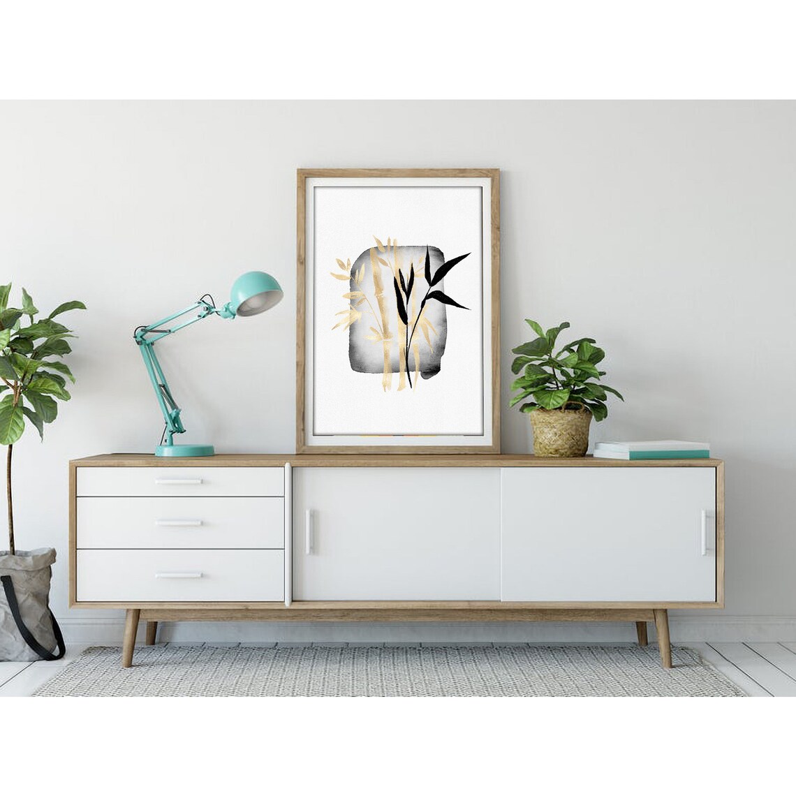 Golden Bamboo Stalks on Gray Ink Wash Japanese Botanical Poster - Image 3
