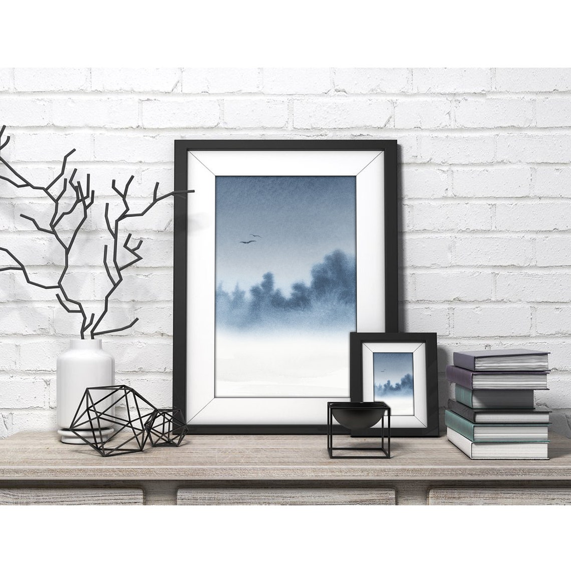 Misty Blue Forest Two Birds Flying Watercolor Landscape Poster - Image 4